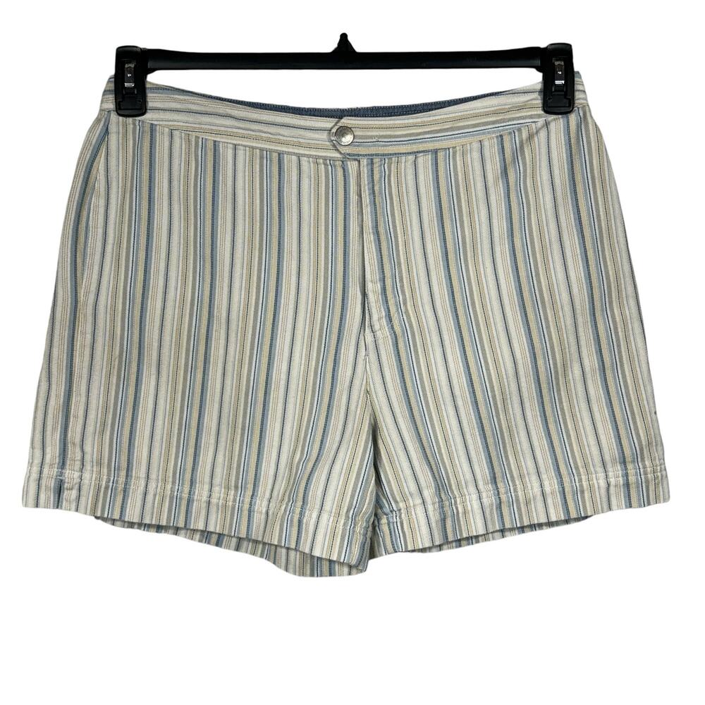 Liz Claiborne SZ 14 Jean Shorts Striped Hi-Rise Flat Front Rear Pockets Multi